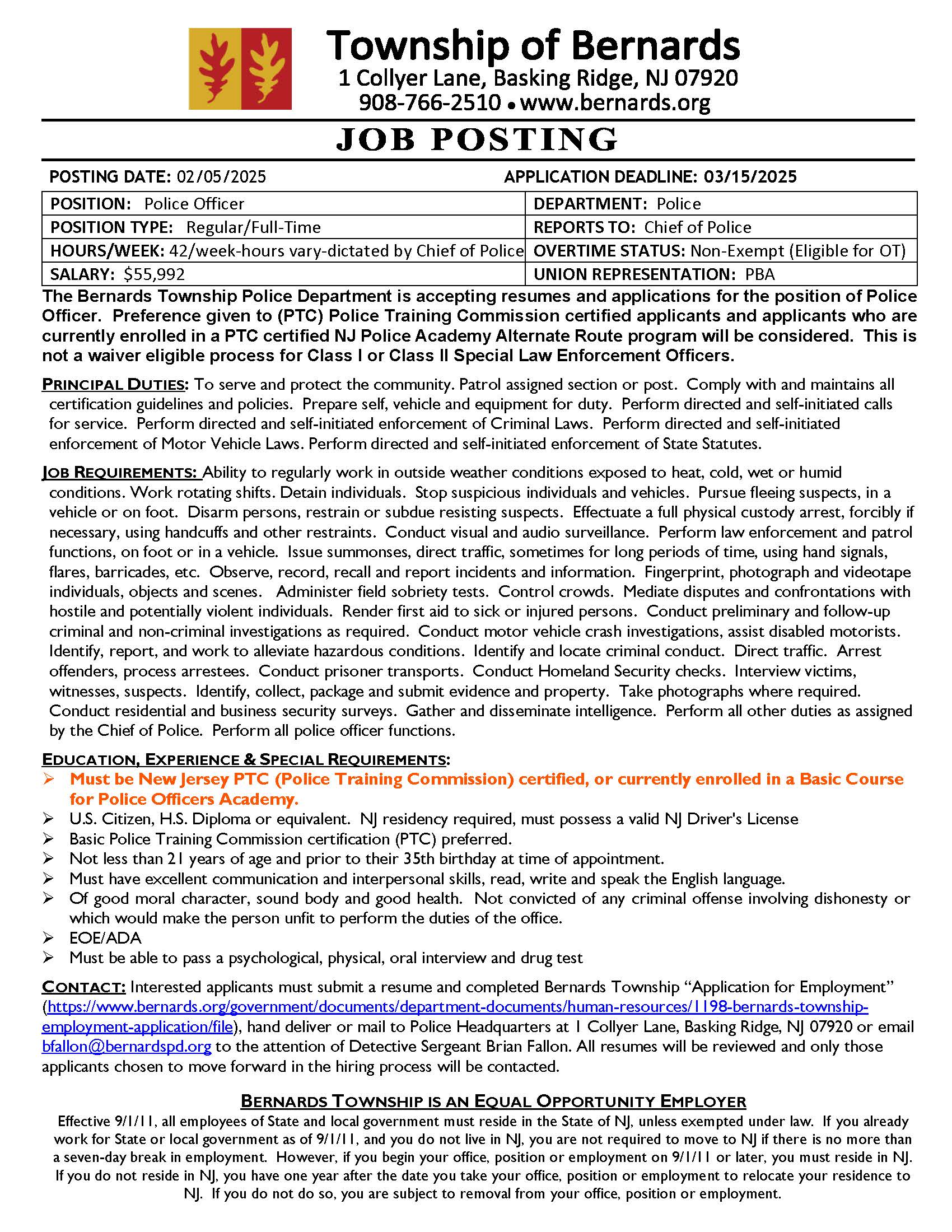 Bernards Township Police Department, NJ Police Jobs