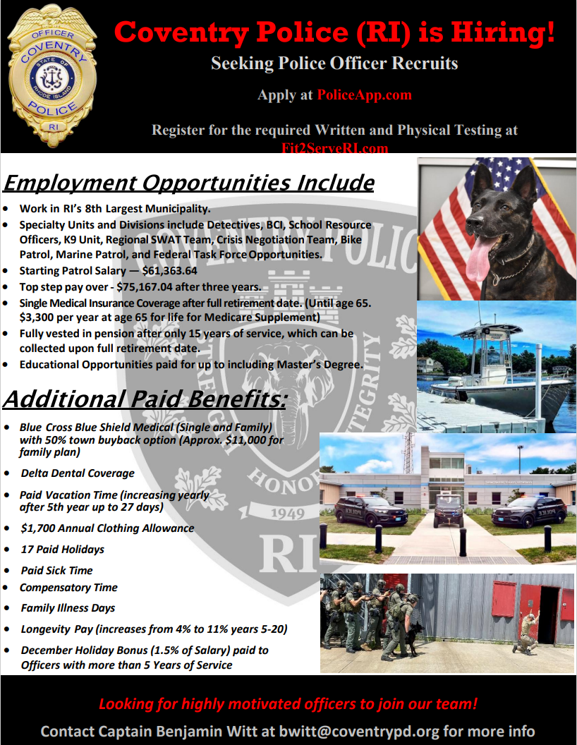 Coventry RI Police Department, RI Police Jobs