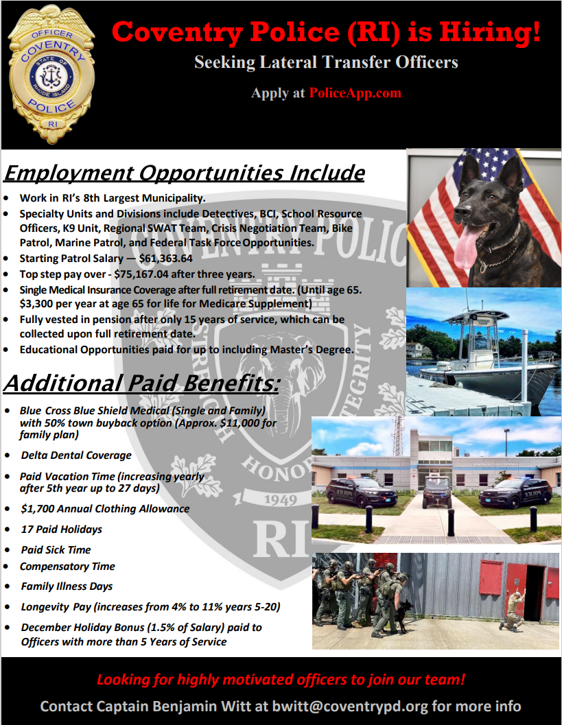 Coventry RI Police Department, RI Police Jobs