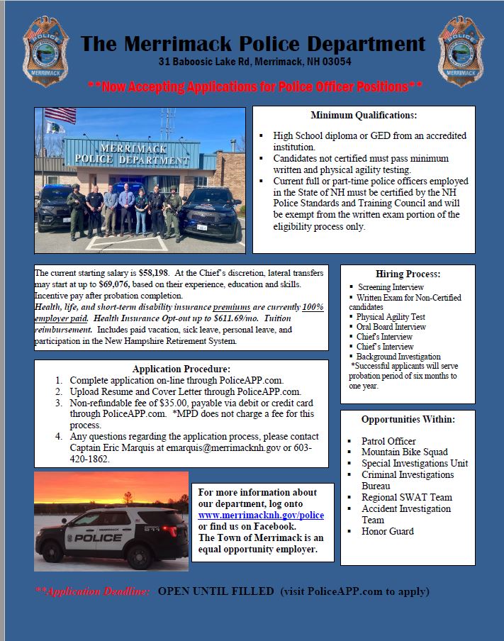 Merrimack, NH Police Jobs - Entry Level, Certified | PoliceApp